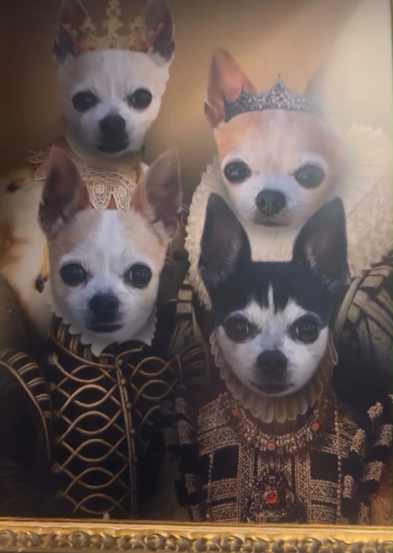 Ritratto dei quattro chihuahua di Elvira, ispirazione del Le Château de Bijou, asilo per cani di piccola taglia a Torino